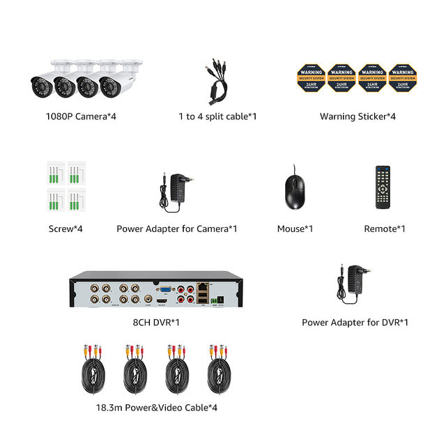 H.VIEW 8CH 1080P Video Surveillance Camera Security System Kit CCTV System for Home