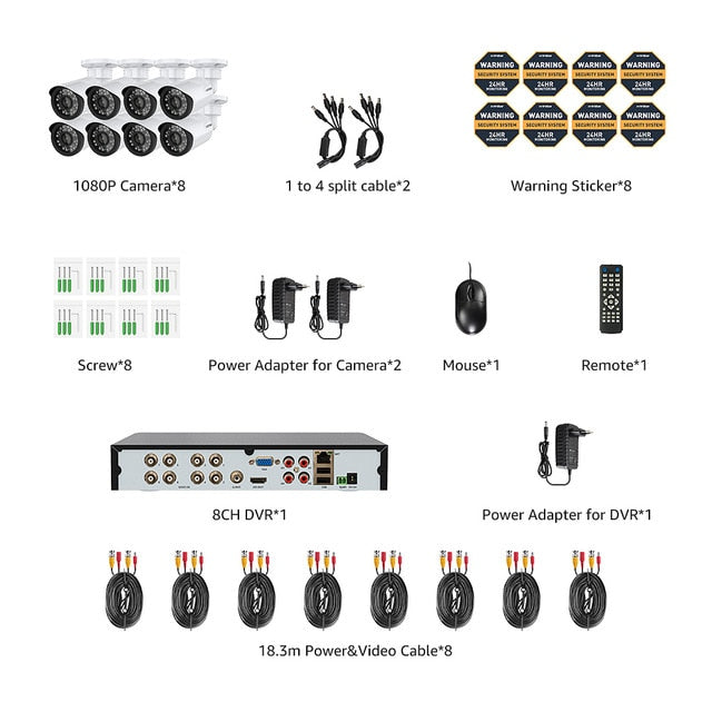 H.VIEW 8CH 1080P Video Surveillance Camera Security System Kit CCTV System for Home